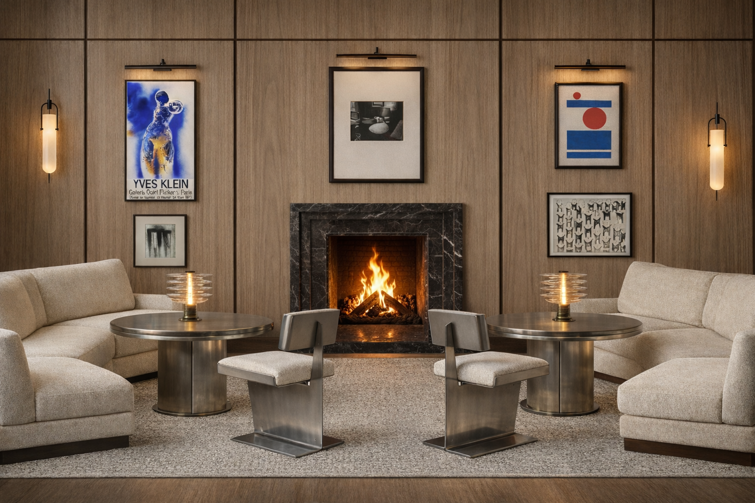 Living room with beige sofas, two round metal tables, a fireplace with a fire, wooden paneled walls, framed artwork, and wall-mounted lights.