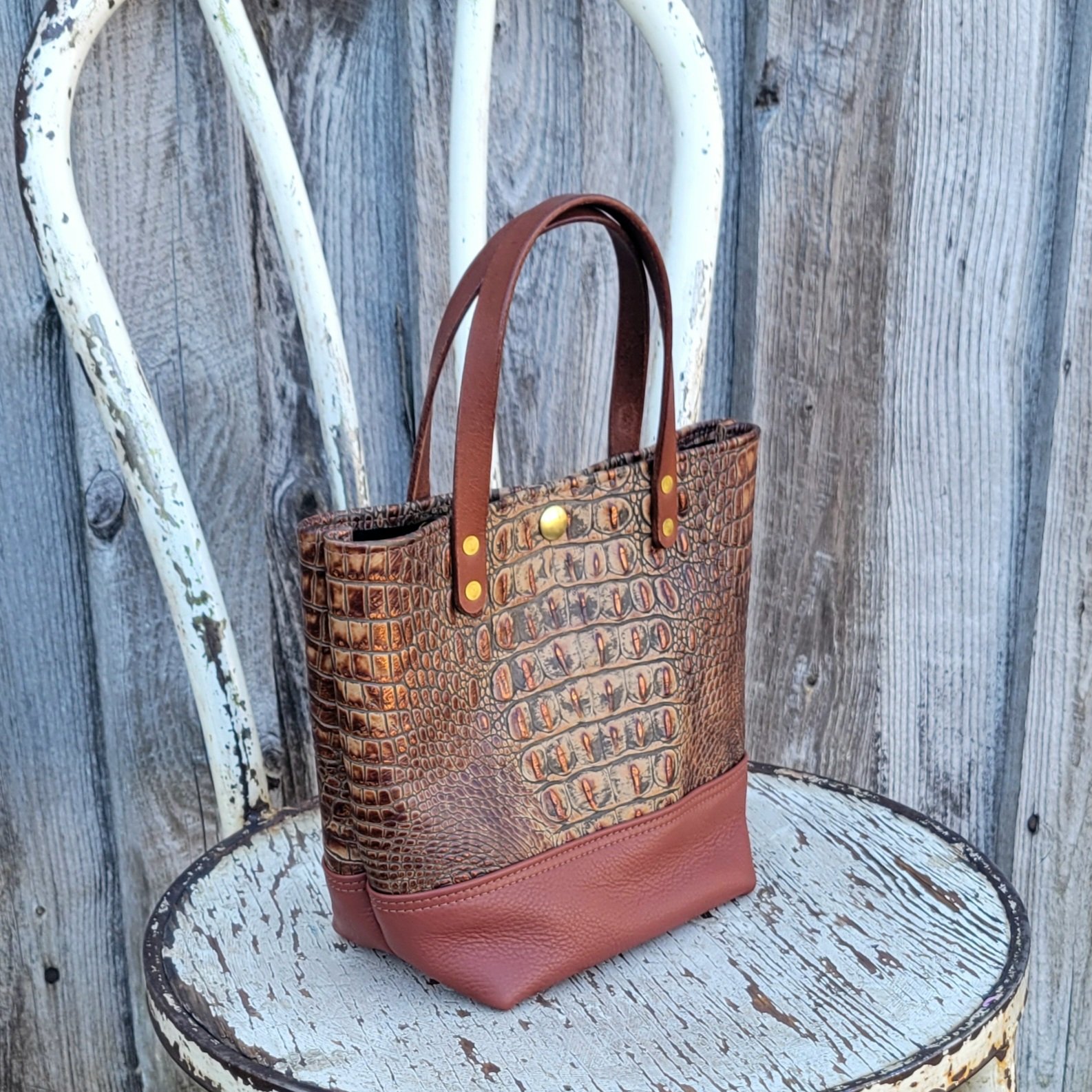Handmade leather mini tote in two tone copper