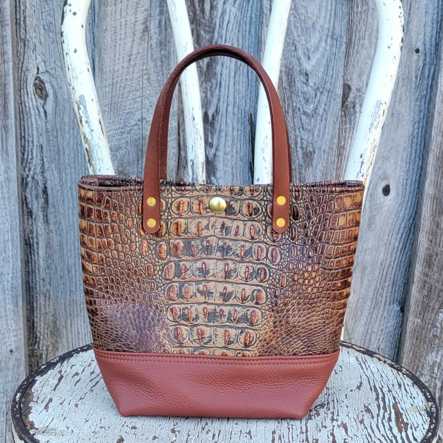 Handmade leather mini tote bag in copper croc