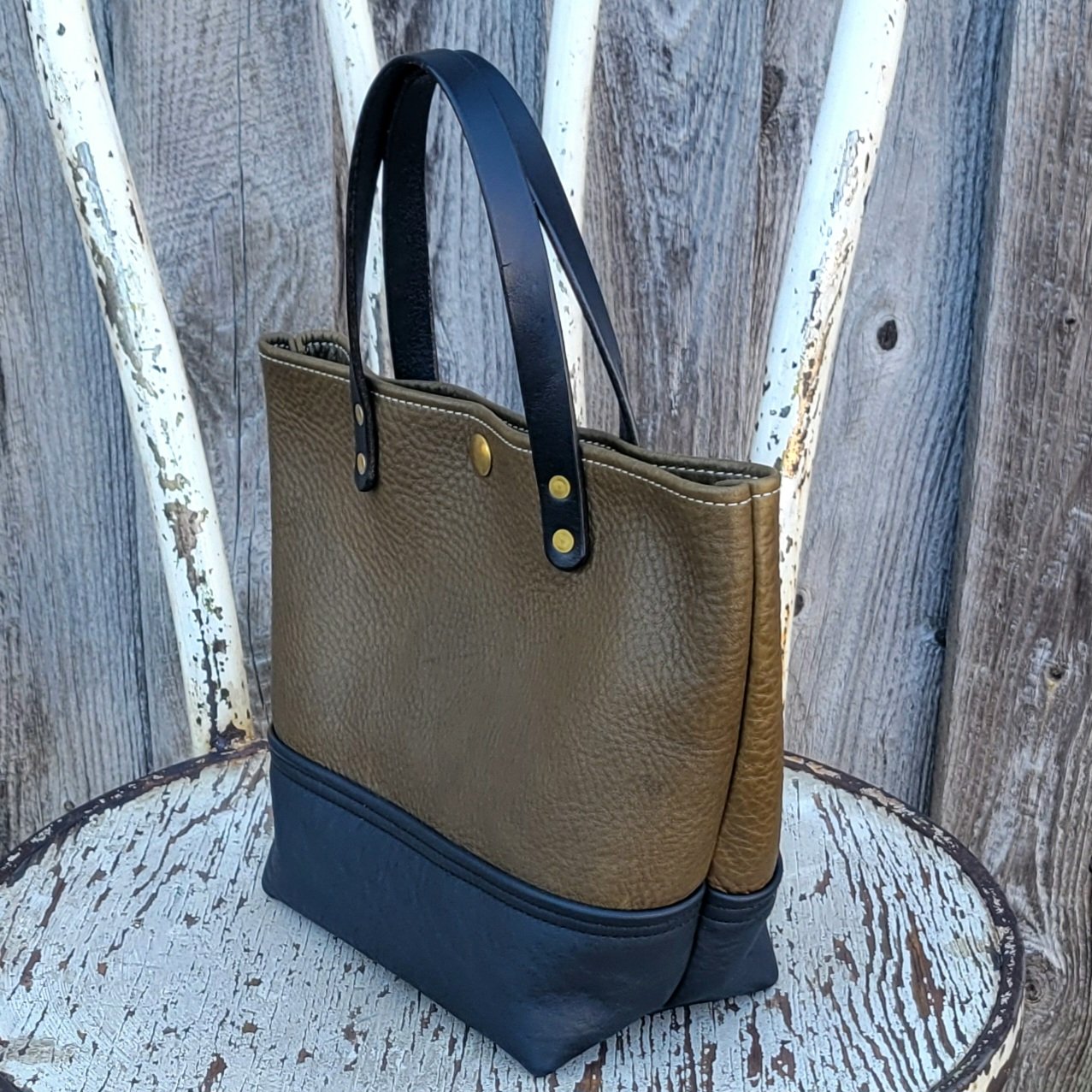 Mini tote bag made form premium olive and black leather