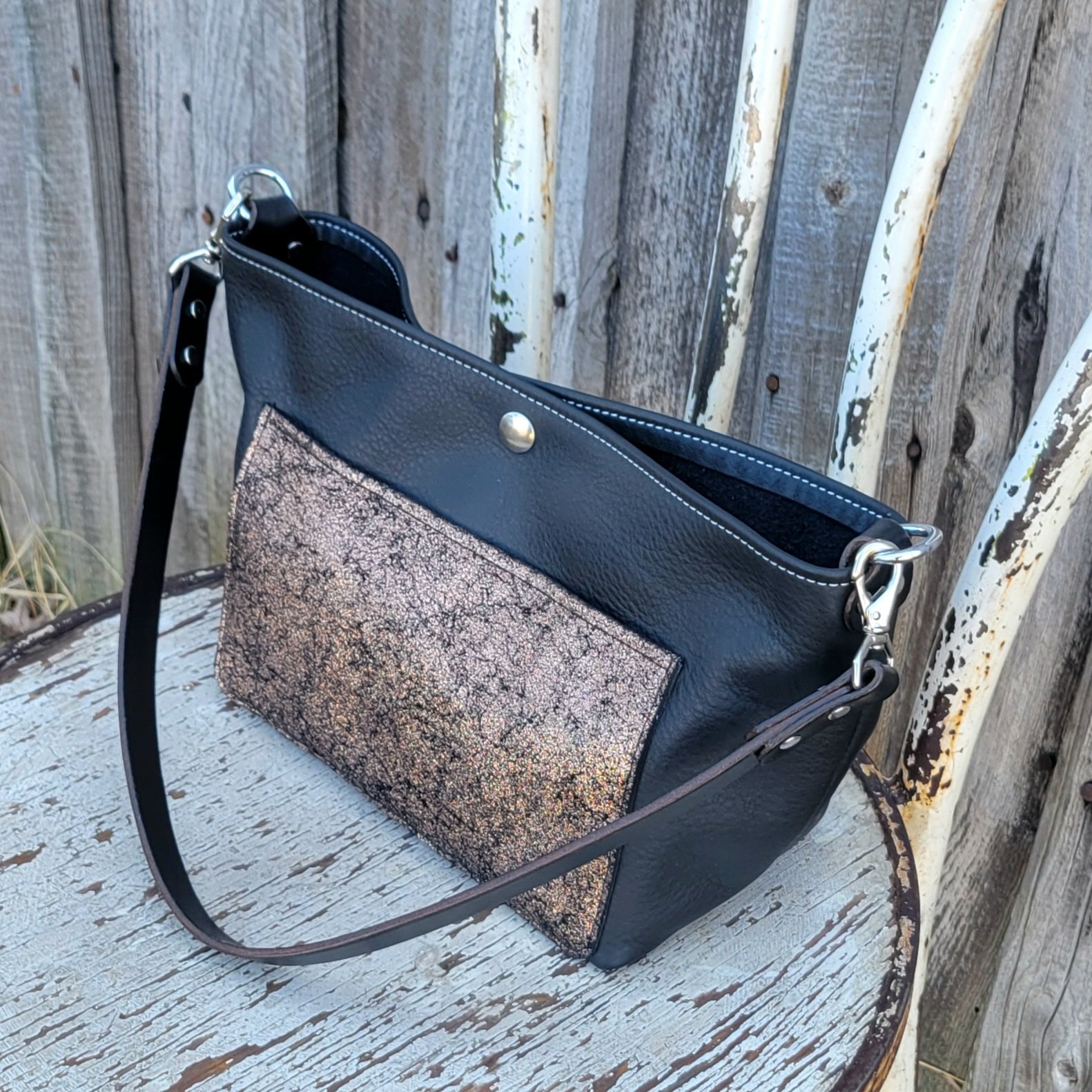 Black and copper mini leather bucket bag