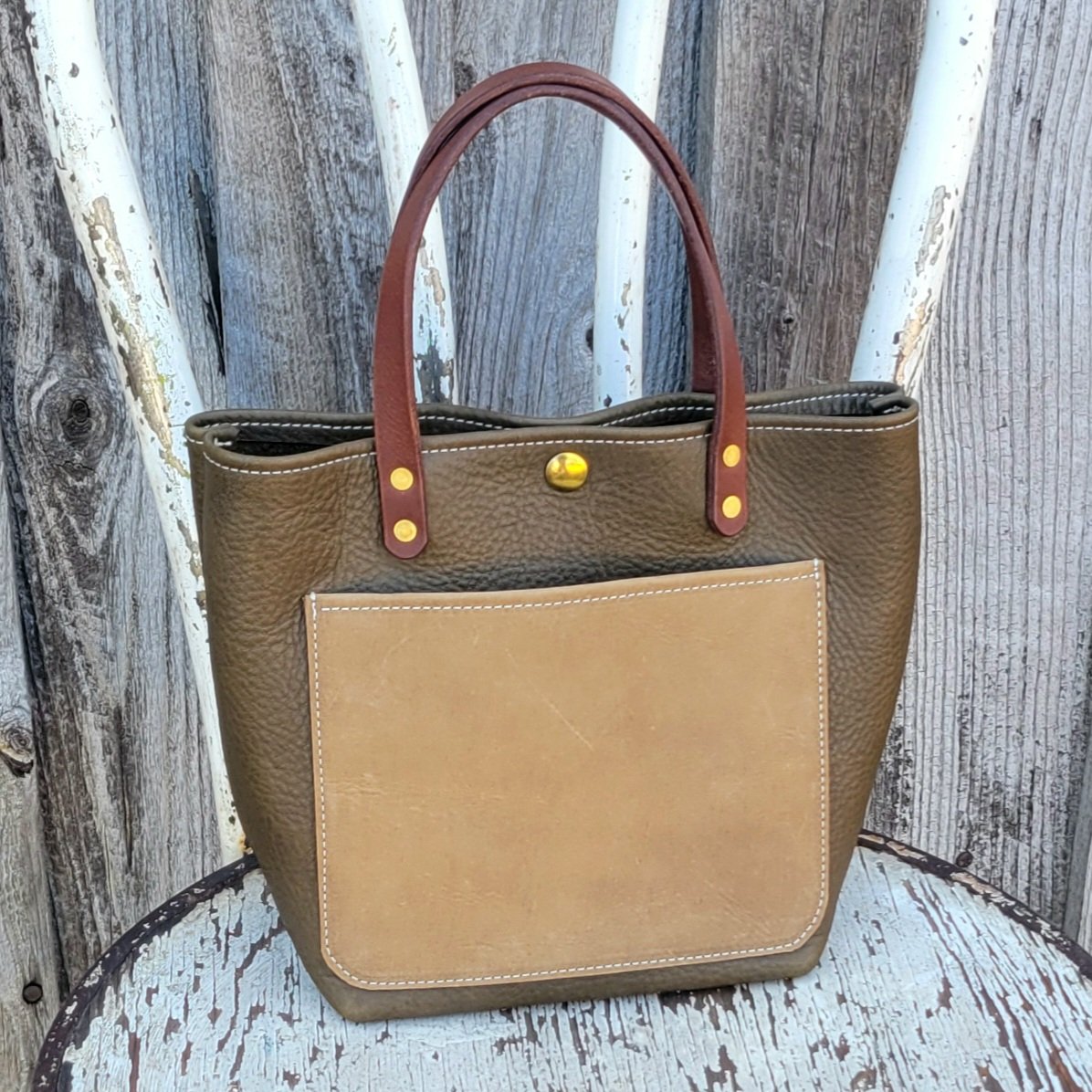 Mini leather tote in olive and tan