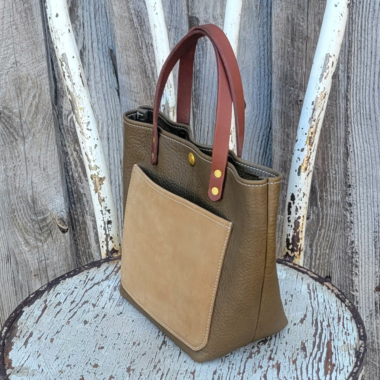 Olive mini tote with water buffalo leather straps