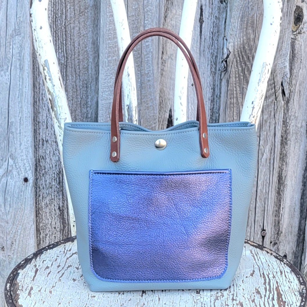 Mini tote bag in silver and metallic sapphire leather