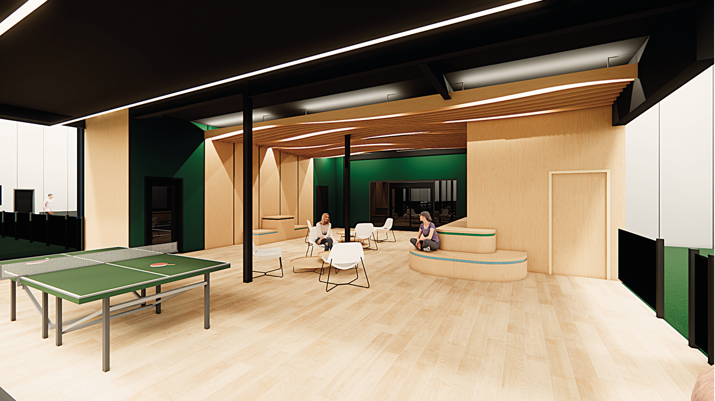 Light wood interior room with seating