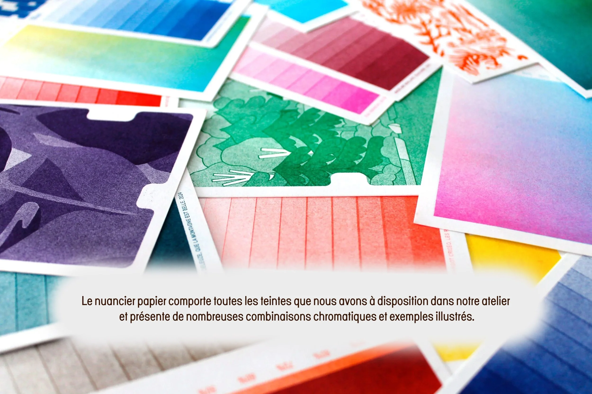 Échantillons de papier de couleurs diverses, notamment violet, vert, rouge, rose, jaune, bleu avec textures et motifs variés.