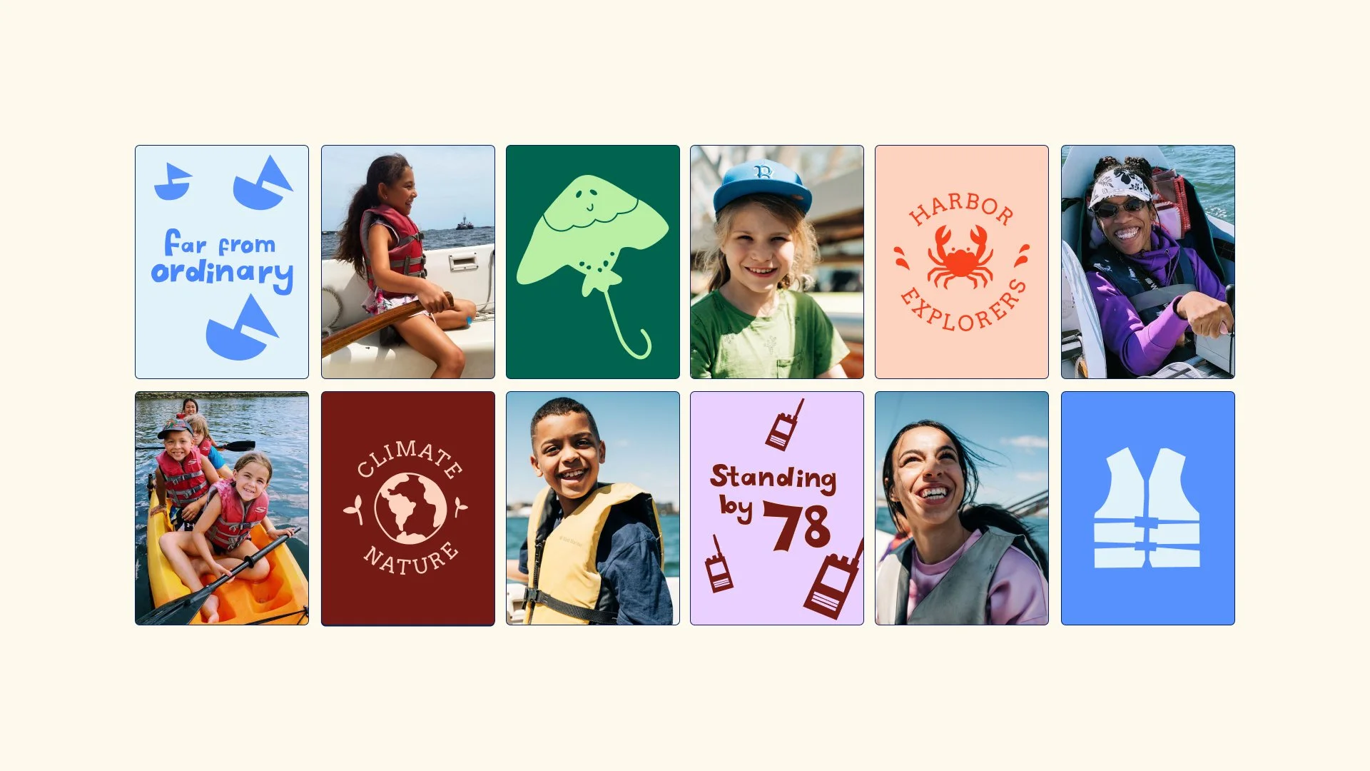 Social media posts for a youth sailing and exploration programme featuring playful nautical graphics, colourful logo designs, and candid photography of children and adults participating in water activities.