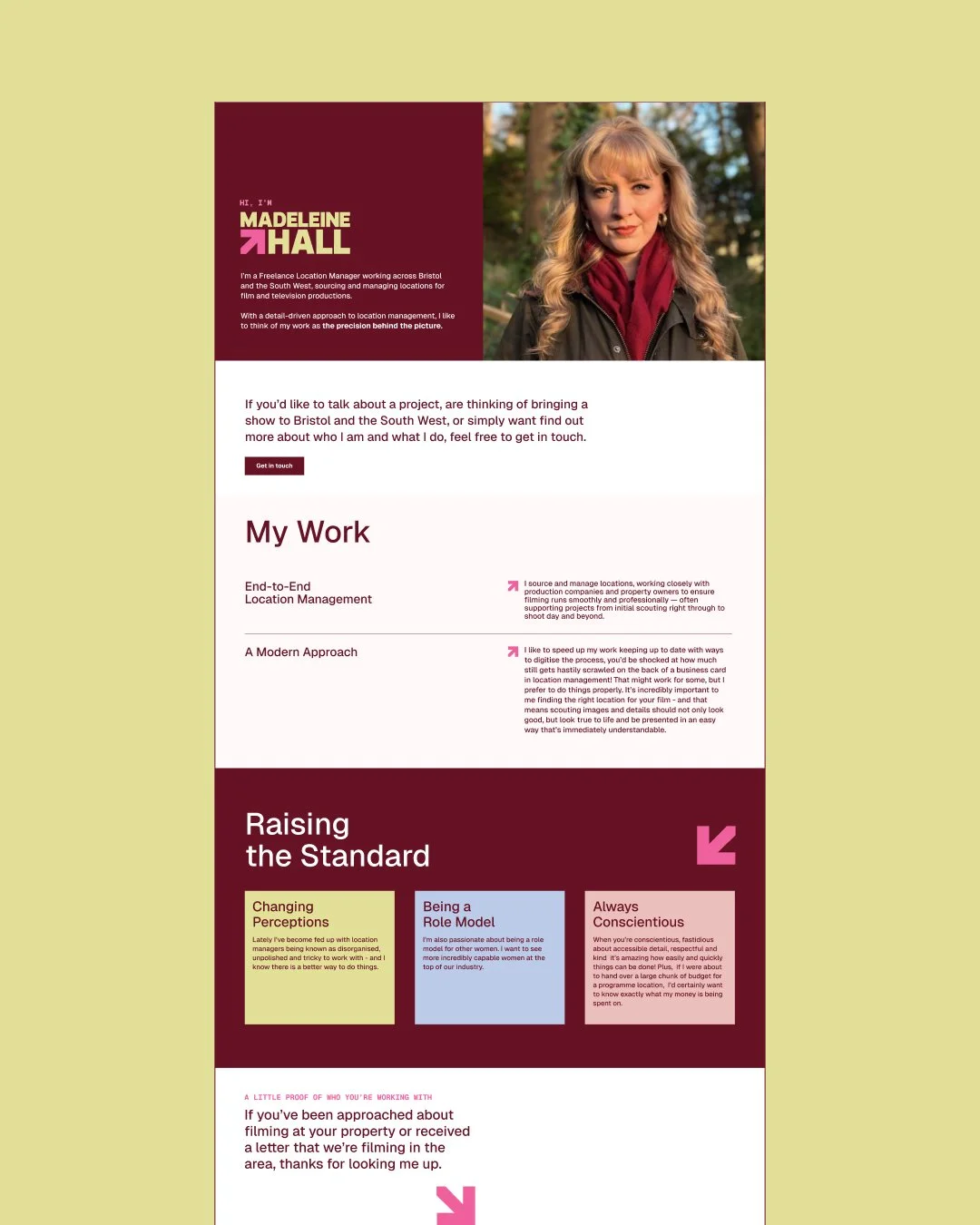 A one-pager for Madeleine Hall, Locations Manager (for cool TV programmes!)

As a locations manager, she&rsquo;s often working on the ground, knocking on doors and introducing herself to people. In those moments she needs something to prove she is wh