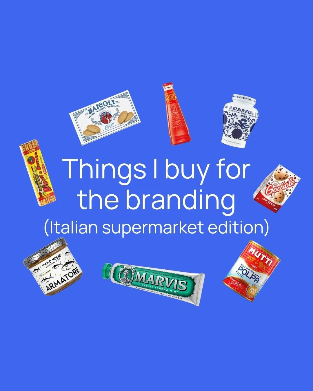 One of the many joys about living in Italy as a designer - the products and packaging are BEAUTIFUL.

I've always loved going to supermarkets abroad (even more than museums tbh) but Italy is next level.

I say this with kindness but a tin of tomatoes