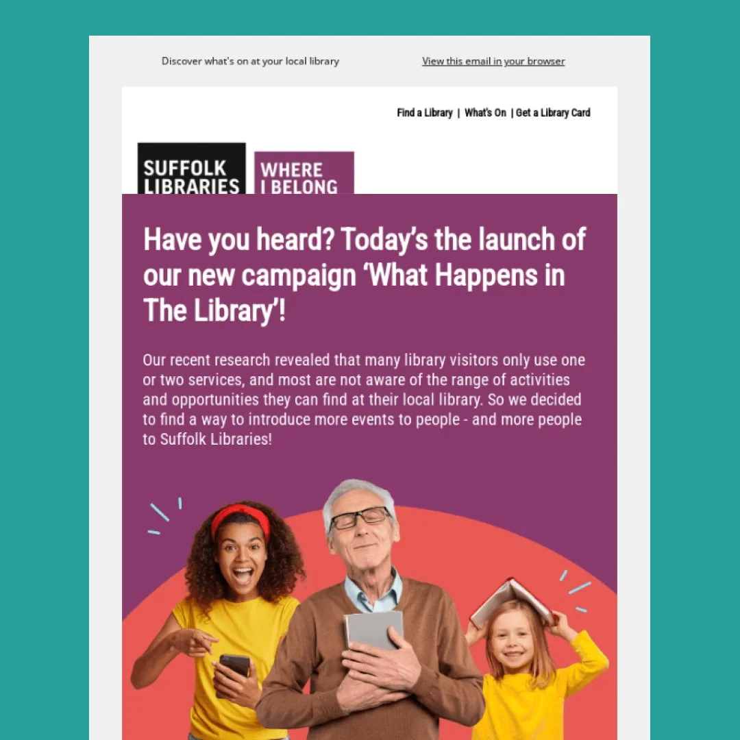 Email design with brand imagery of people looking happy and excited about being in the library