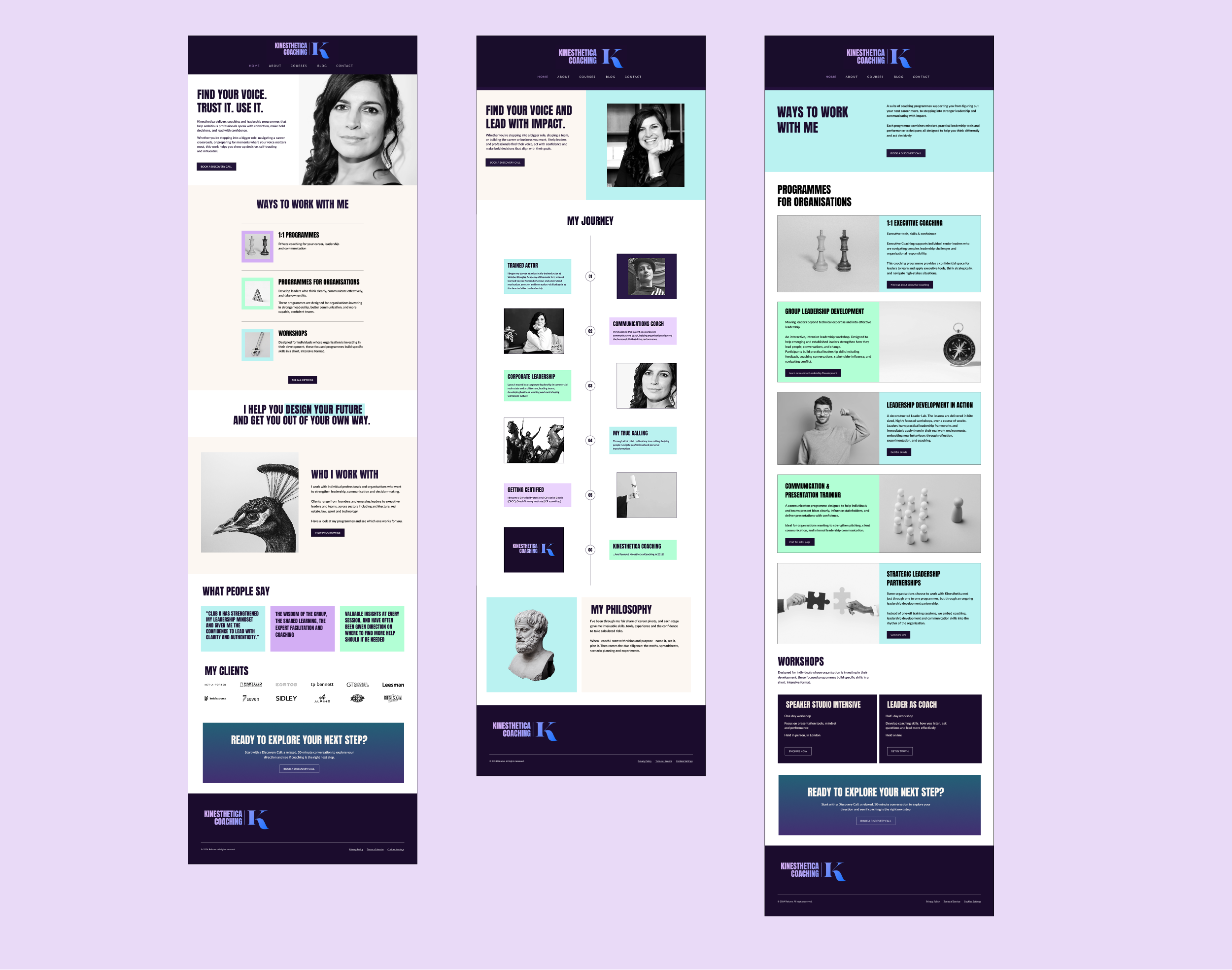 Three screenshots of the Kinesthetica Coaching website showing the homepage, About page and coaching programmes page. The design pairs bold headings and black-and-white photography with pastel blue, green and purple sections.
