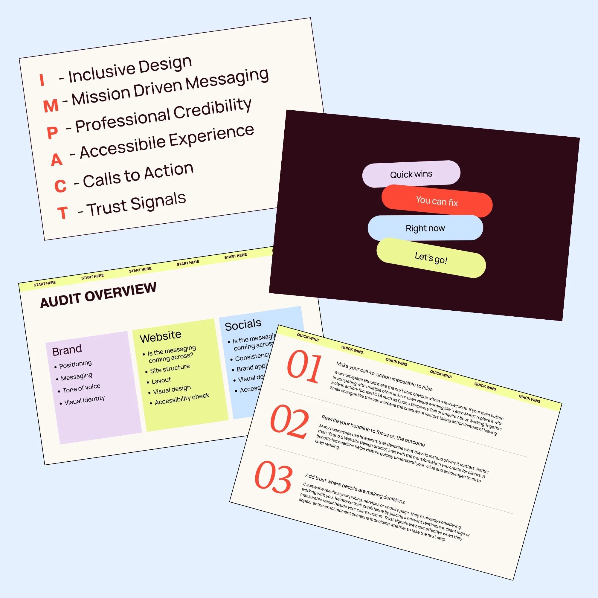 Four example pages from the IMPACT audit  that showcase what's included - for example an overview of brand, web design and social media as well as a list of three quick wins you could implement immediately