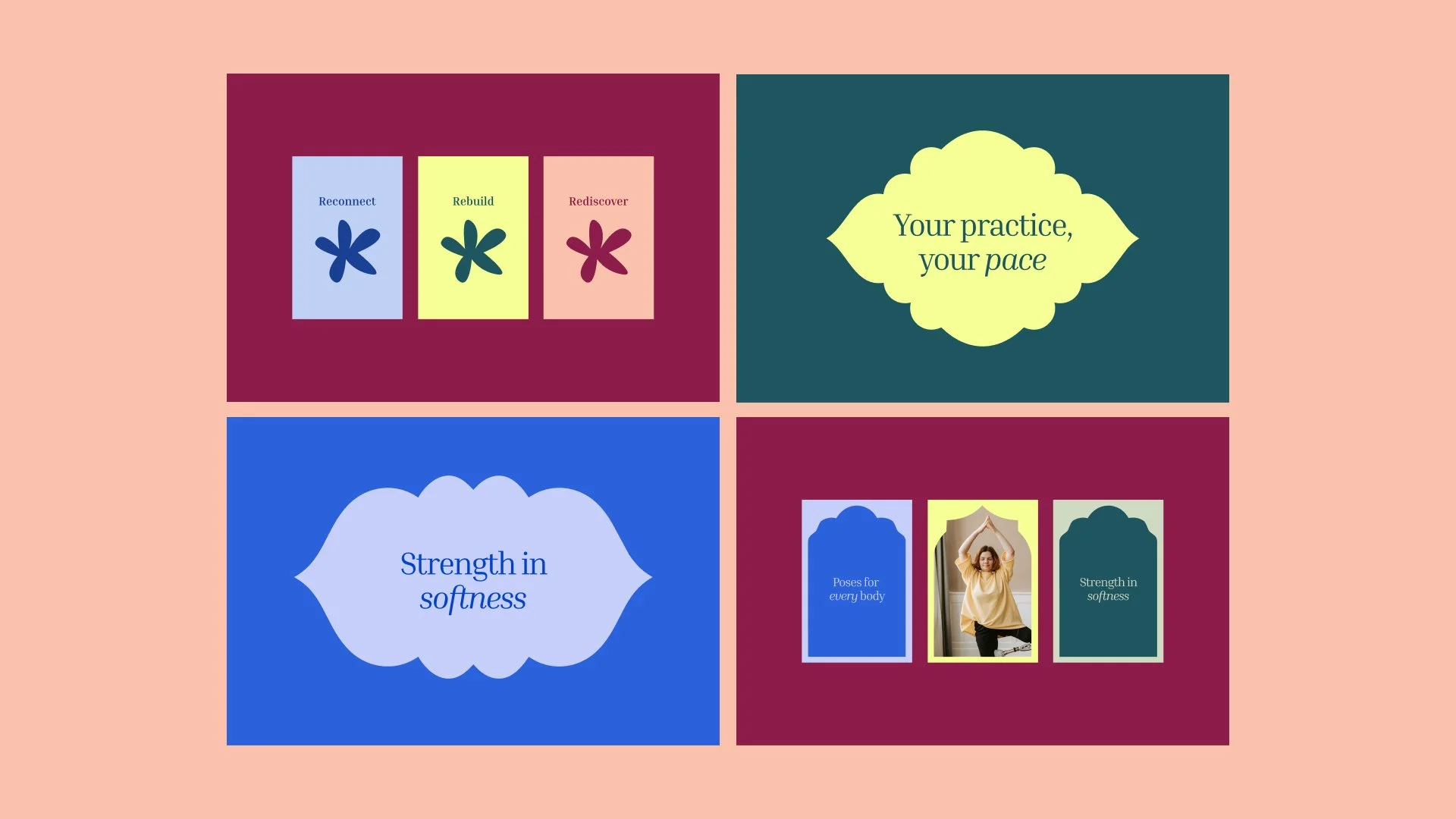 Brand assets presented on guideline style pages that show the colours, shapes and images included in the final brand package