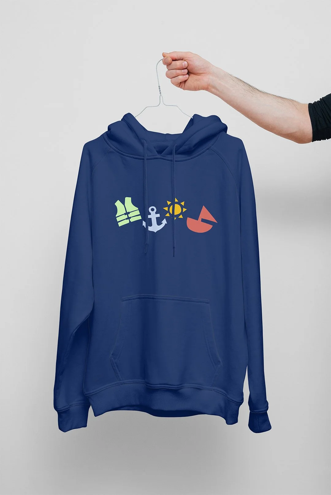 A blue hoodie with a life jacket, anchor, sun and boat illustration on it