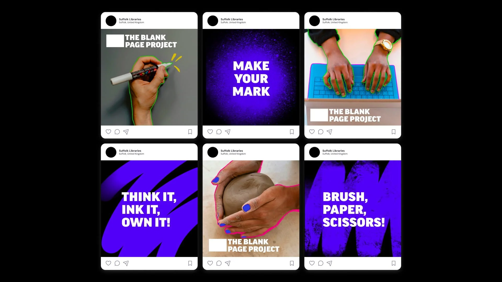 Six social media post designs with bold typography, purple graphic textures, hands drawing and typing, pottery making, and creative slogans including “Make Your Mark” and “Think It, Ink It, Own It!”.