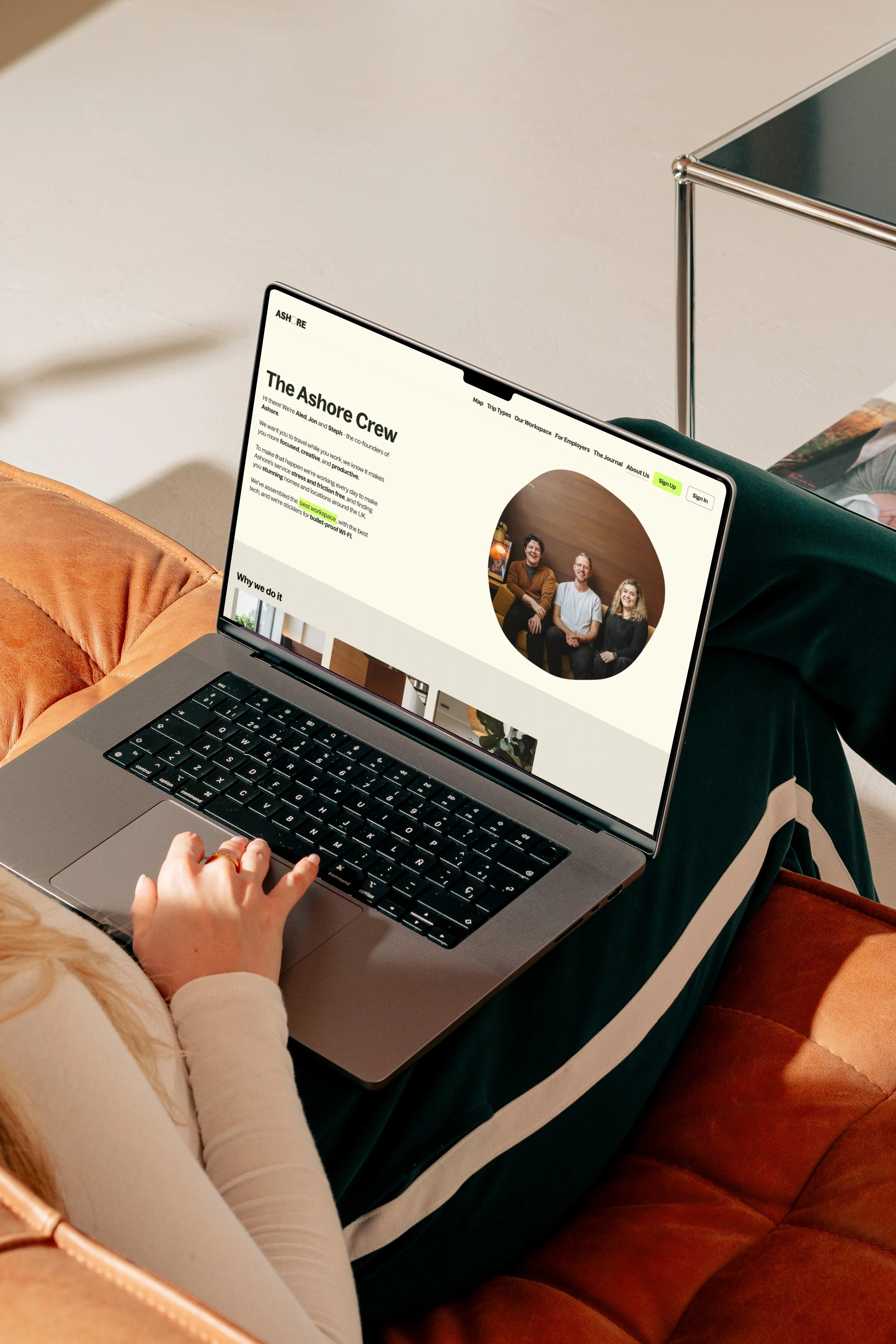 Mock-up of the Ashore website shown on a laptop, featuring a team introduction and flexible workspace platform.