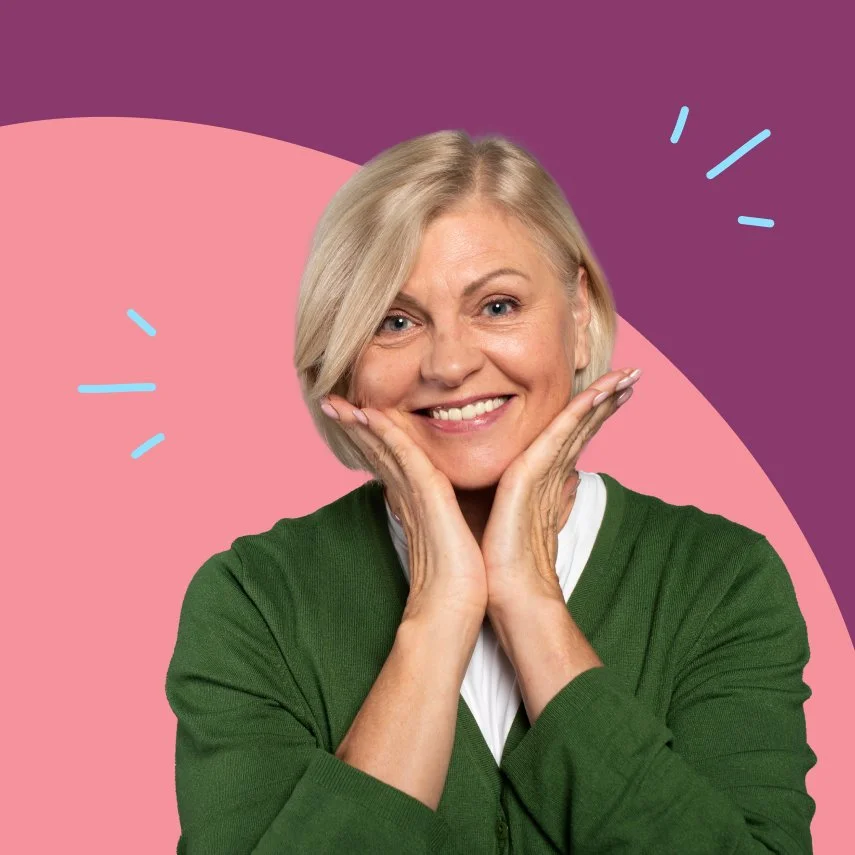 Portrait of a woman smiling with her hands under her chin. Brand shapes and illustrations are behind her.