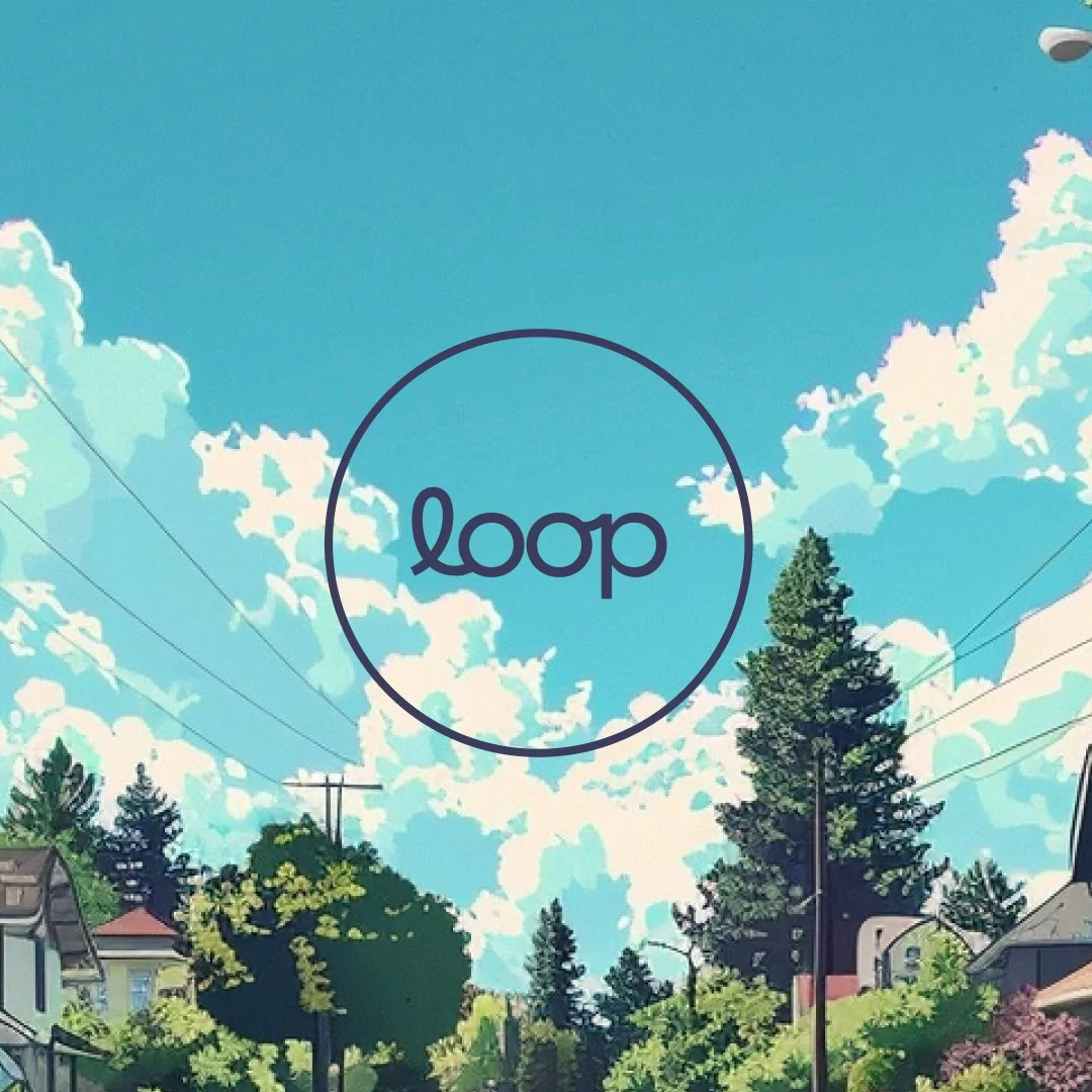 The loop logo placed over an illustrated suburban street with the feeling over being positive, healthy and eco friendly