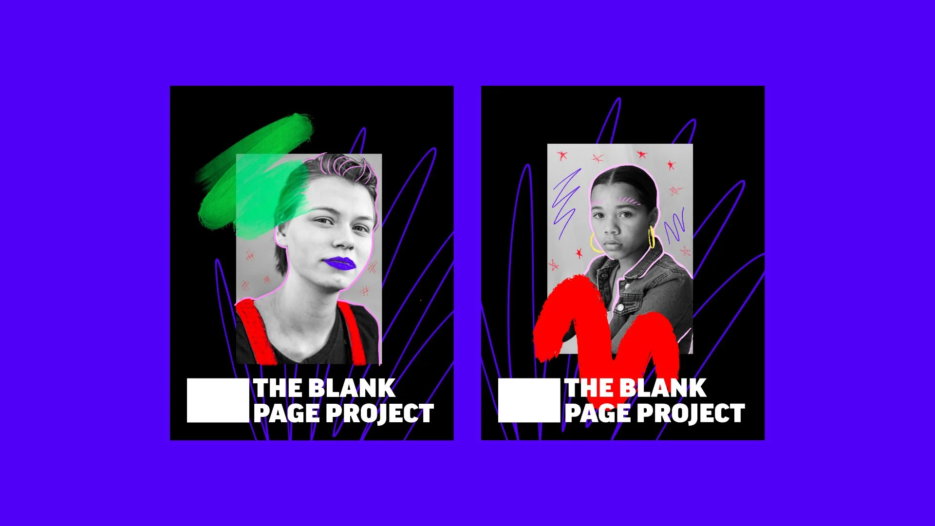Two vibrant poster designs for The Blank Page Project on a purple background, featuring black-and-white portrait photography with bold painted brush strokes, hand-drawn doodles, and large white typography on black backgrounds.