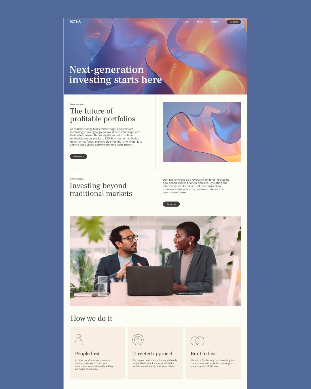 one page website for online wealth management platform. The style is elegant and sophisticated.