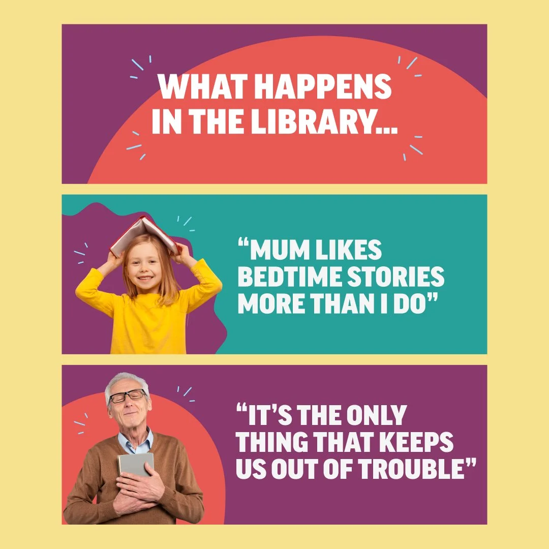Examples of brand messaging like 'Mum likes bedtime stories more than I do' and a young girl smiling holding a book over her head