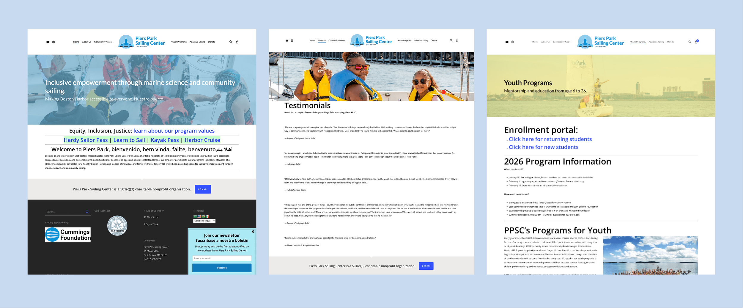 Pages from Piers Park Sailing Center's website before the redesign. It was messy, dated and didn't show off any of their character or highlight the impact of the amazing work they do