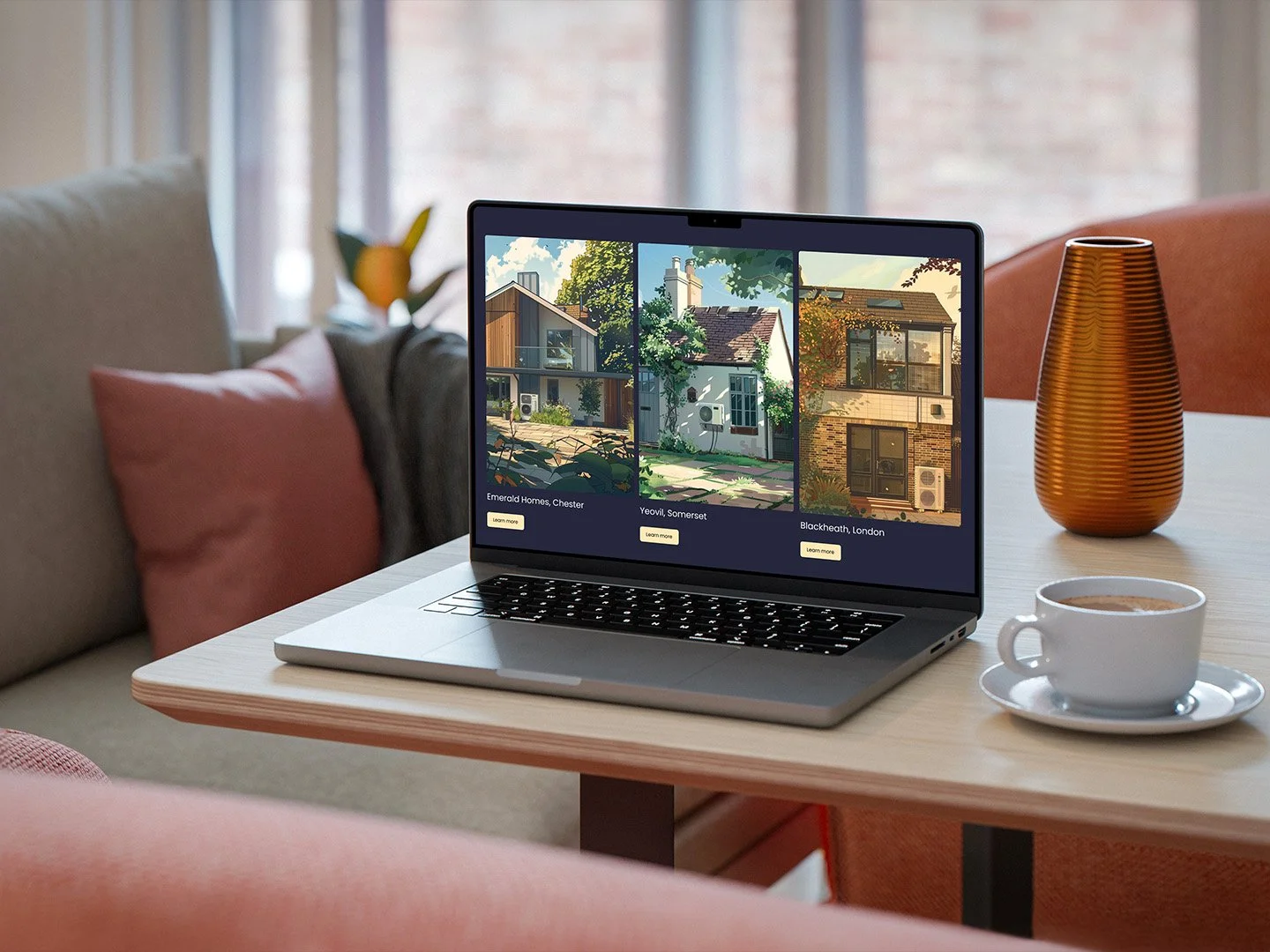 A laptop on a table with illustrations of British homes with heat pumps on the screen