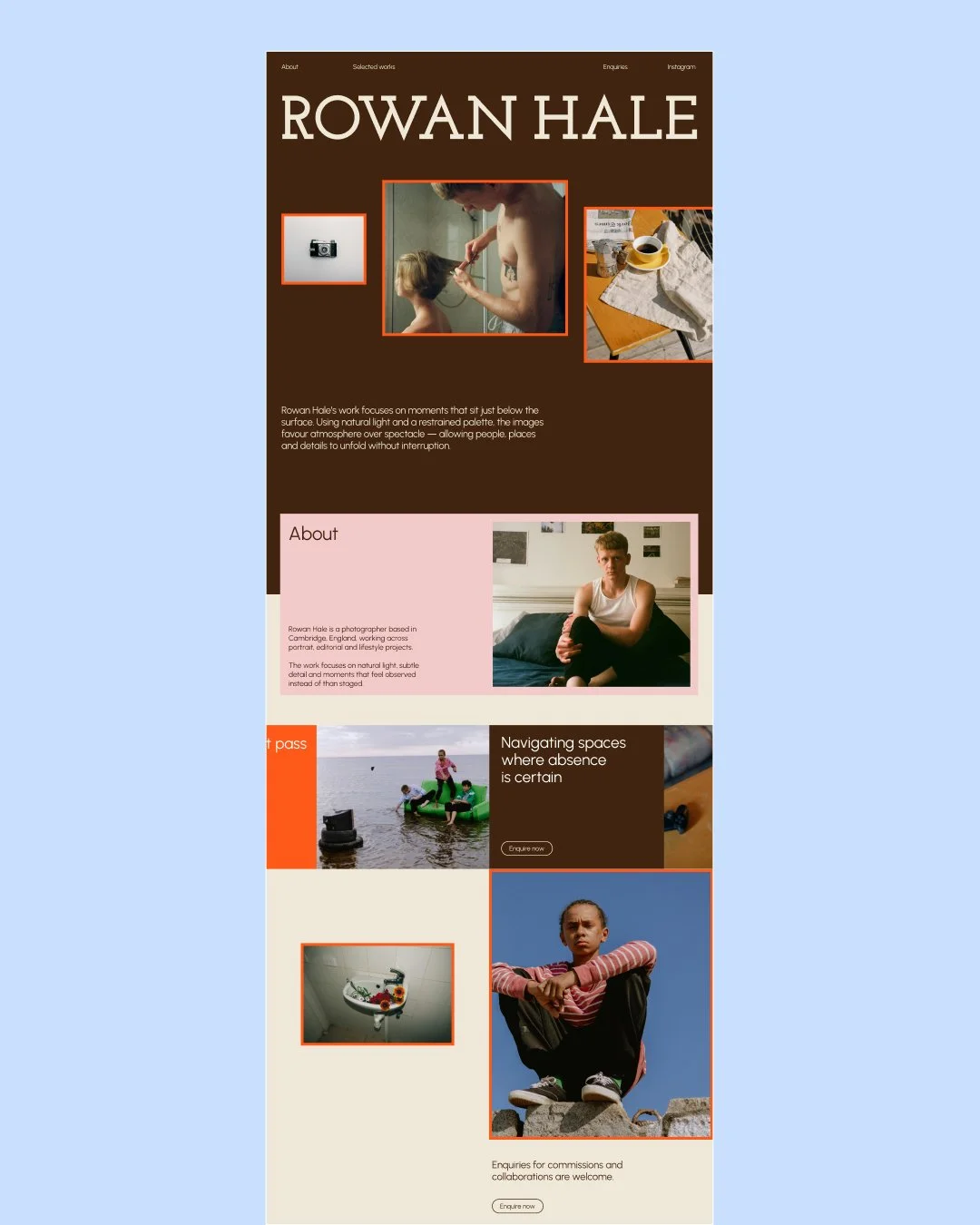 A one page website for a freelance photographer, showcasing his work with one call to action to enquire