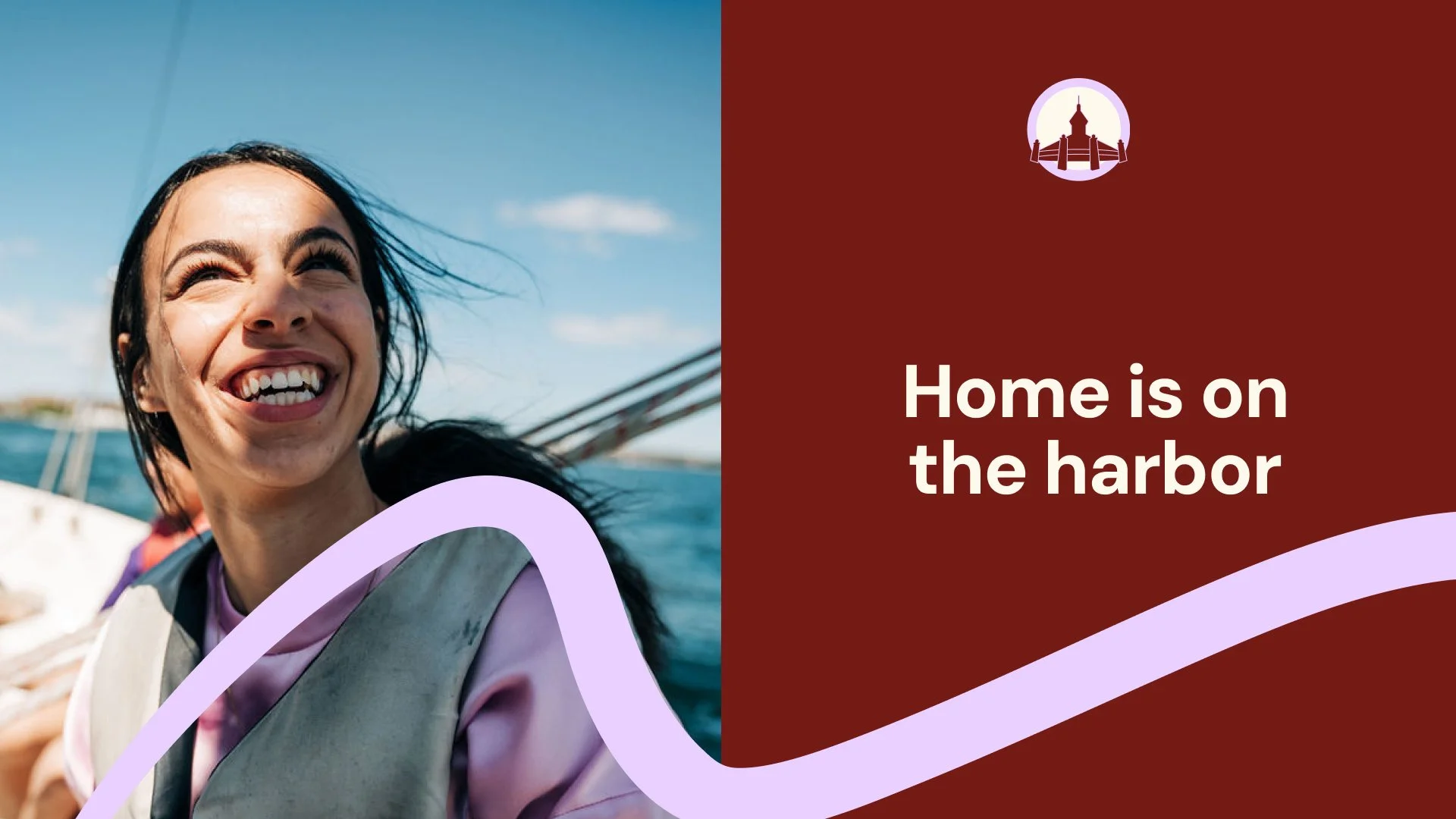 A teenager on a boat smiling with text that says 'home is on the harbor'