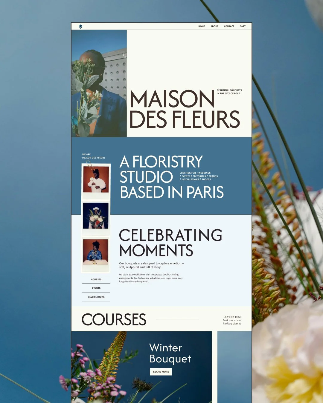 Home page for a Parisian florist with art deco fonts and a dynamic editorial layout