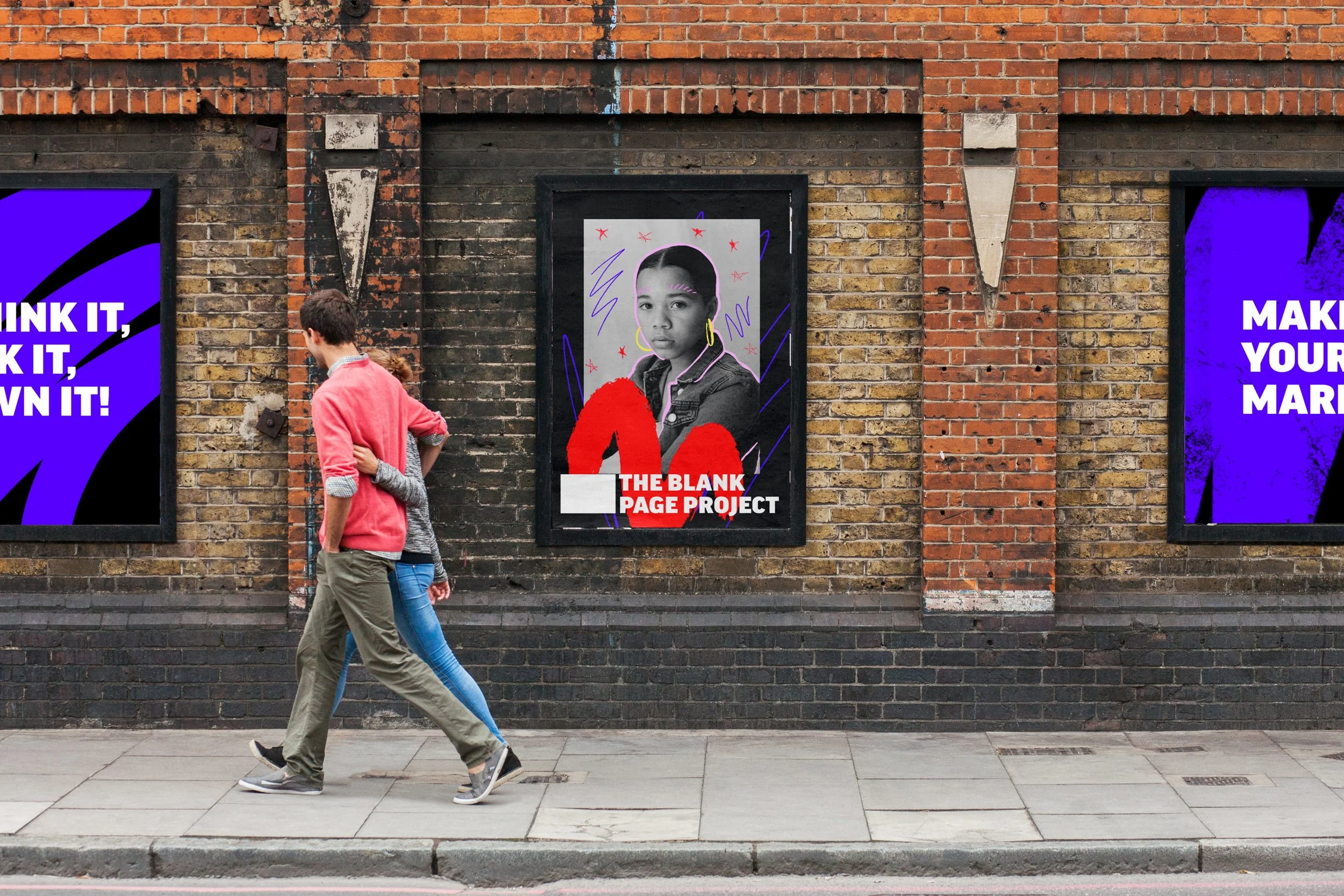 Three posters on a brick wall with pictures of young people with doodles and scribbles over the top