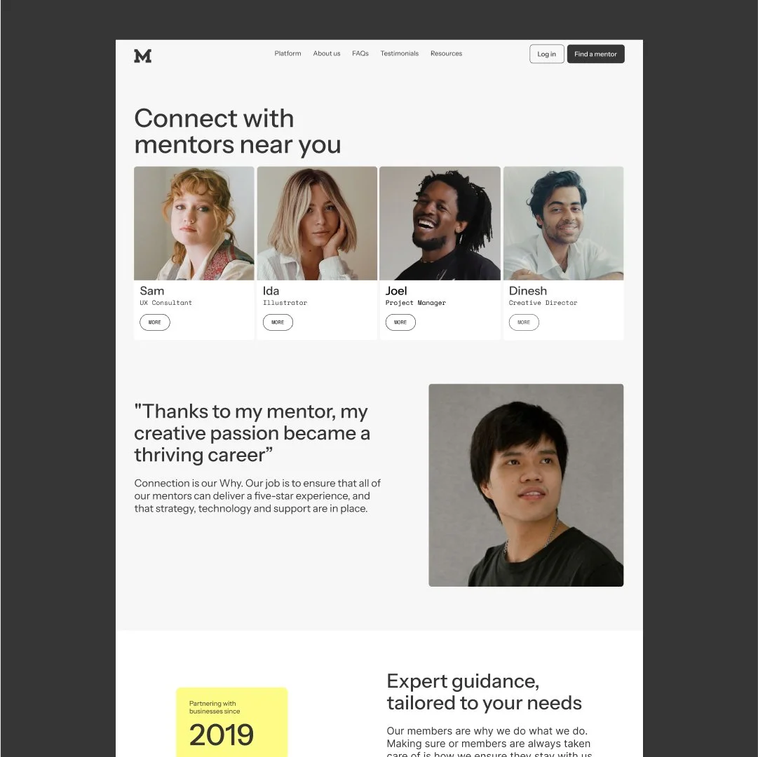 A home page for a mentoring platform in a corporate, minimal style