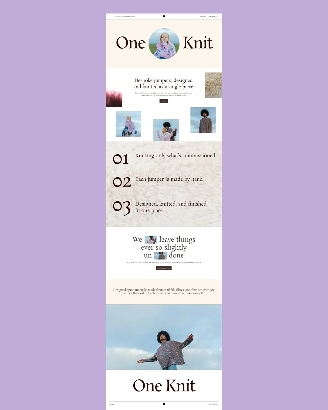 A one page website for One Knit, a boutique knitwear brand. The page shows brand photogrpahy and interesting layouts that make the page feel  high quality and creative