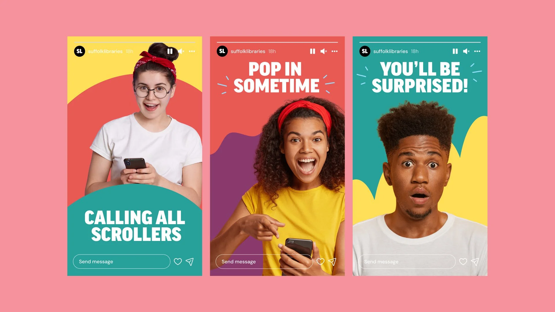 Examples of Instagram stories with young people looking shocked, surprised and excited and messaging that encourages people to go to the library