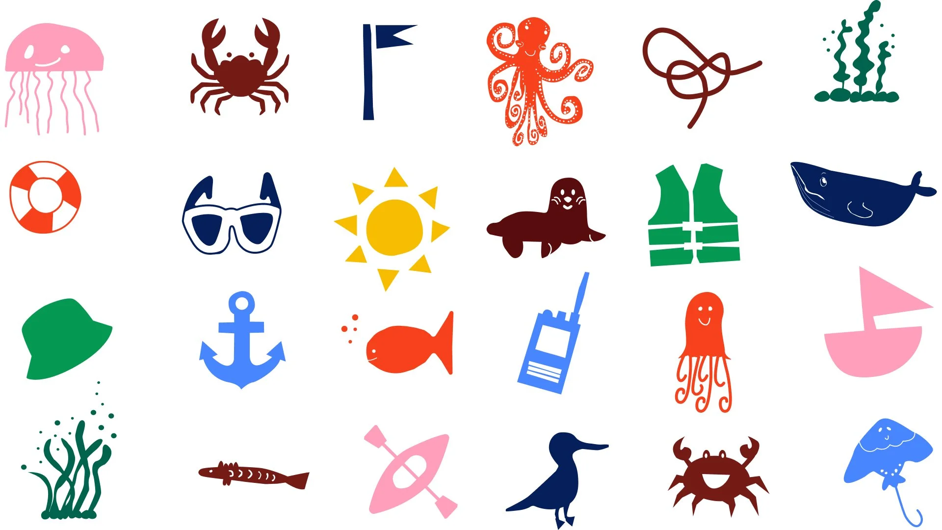 Illustrations the particpants drew of marine life and things you find around the harbour like flags, ropes, boats, hats and sunglasses