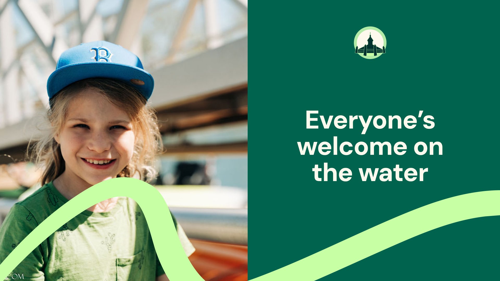 A picture of a child with a Boston cap on that says ' everyone's welcome on the water'
