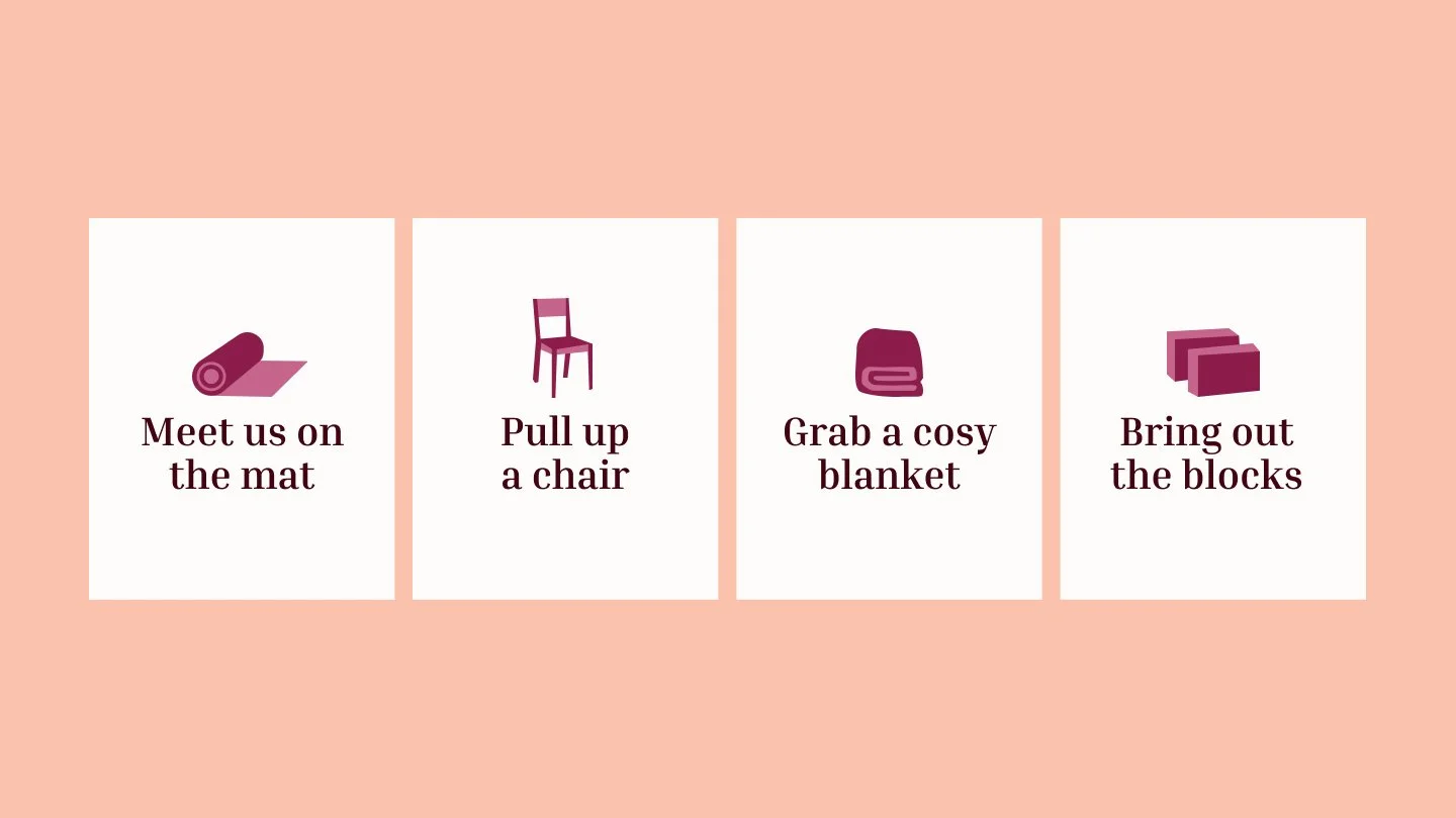 Illustrated icons such as a yoga mat, a chair, a blanket and yoga blocks