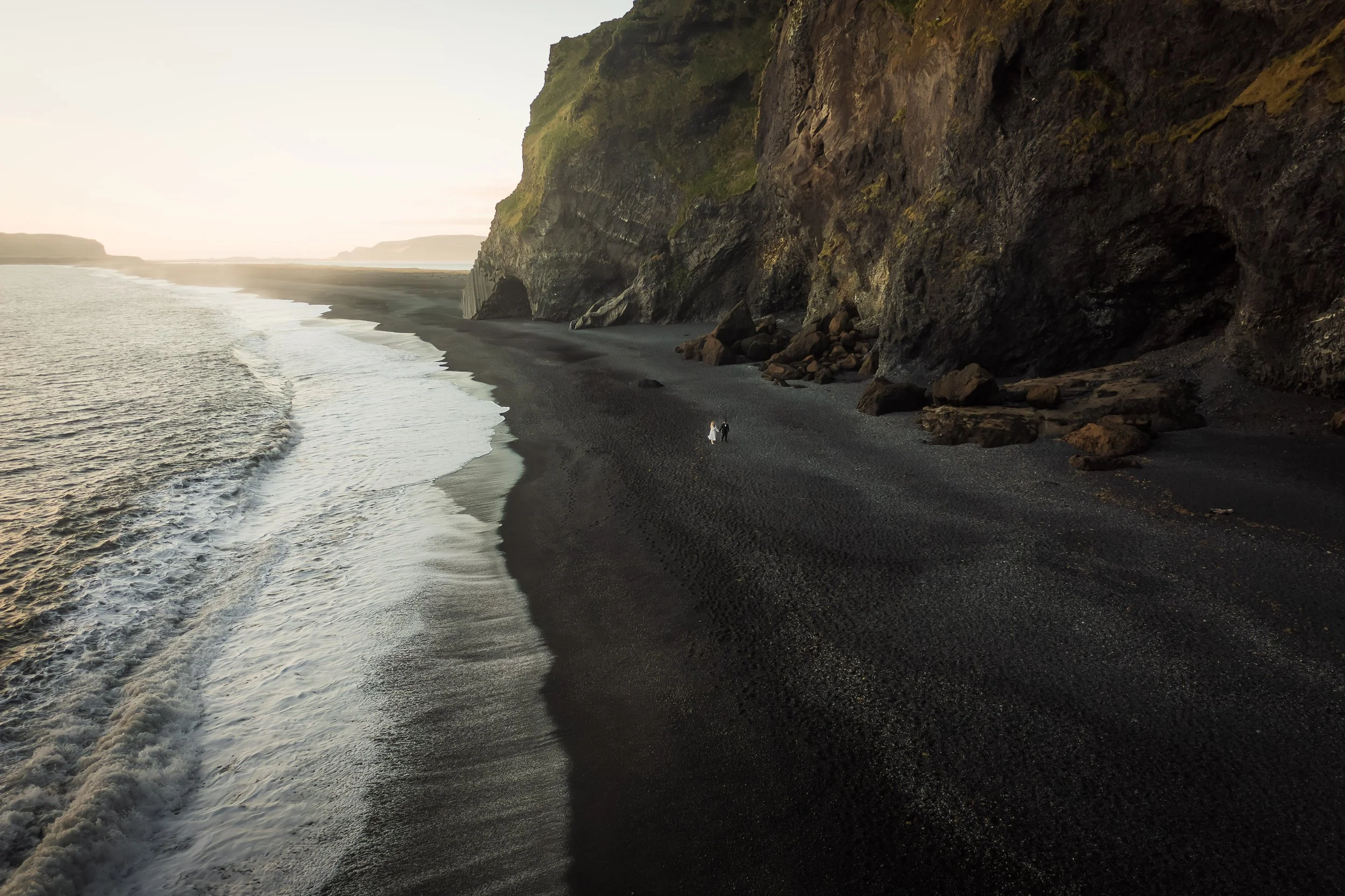 Aerial view of Reynisfjara black sand beach on Iceland’s South Coast