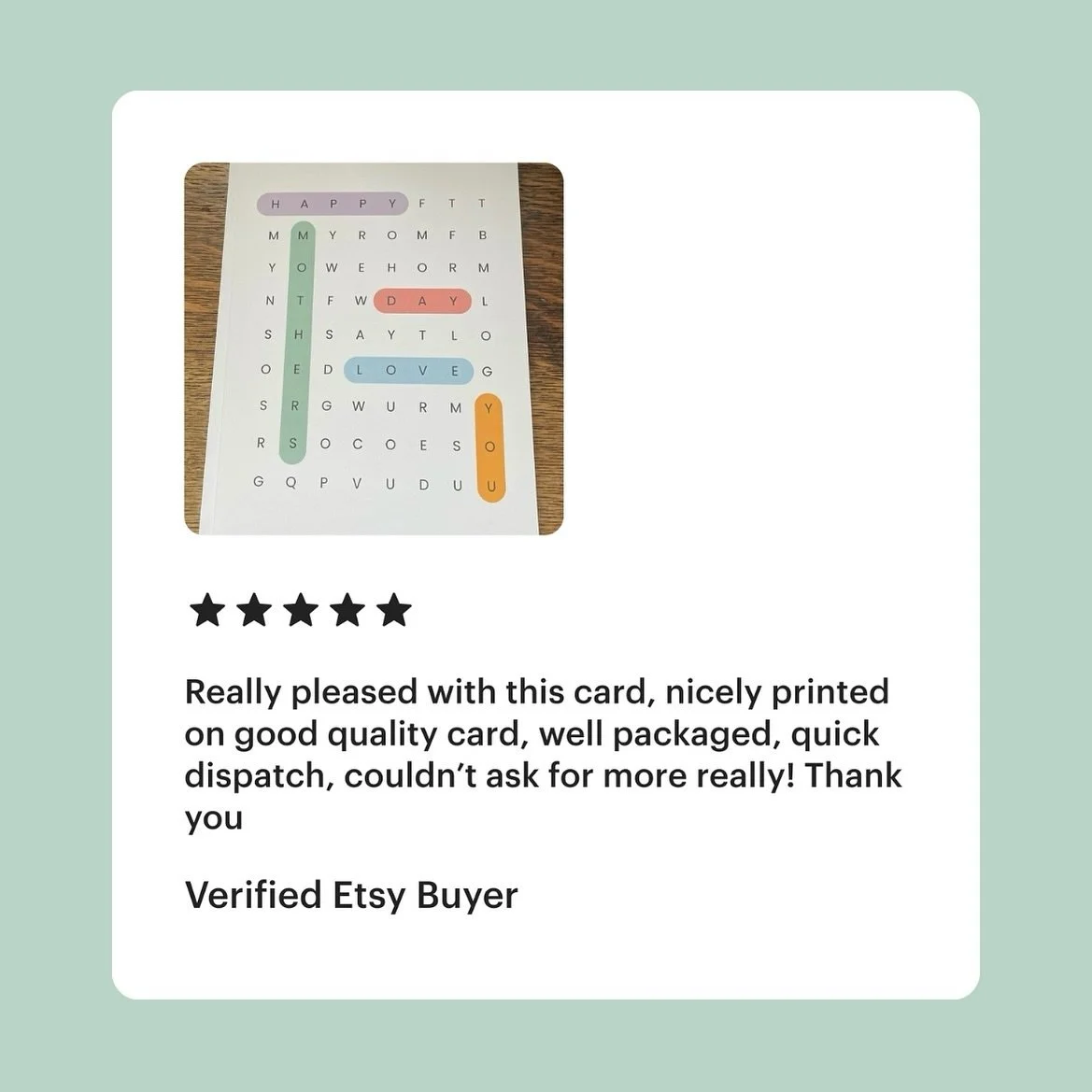 What a lovely review for my Wordsearch Mother&rsquo;s Day card 🥳

You can shop via the links in my bio! 😏

#etsyreview #etsyuk #shopreview #etsyseller #smallbusiness #smallbiz #uksmallbiz #womeninbusiness #graphicdesign #greetingcards #greetingcard