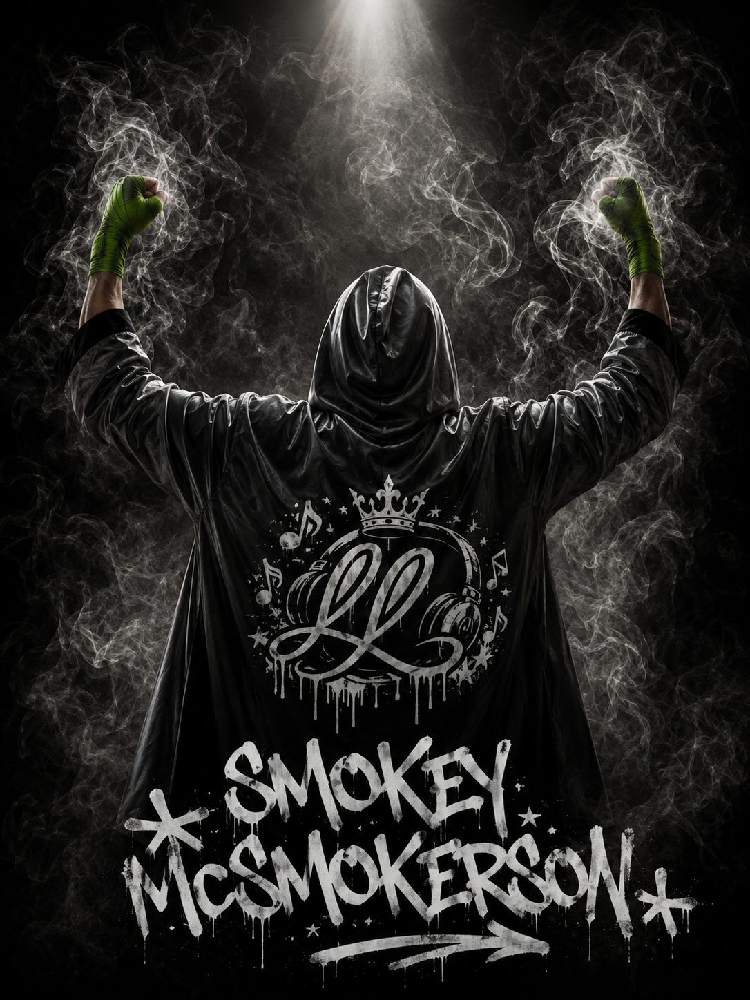 Person with hood and green gloves flexing muscles, surrounded by smoke, wearing a black jacket with graffiti-style text and symbols, with the words 'Smokey McSmokerson' at the bottom.