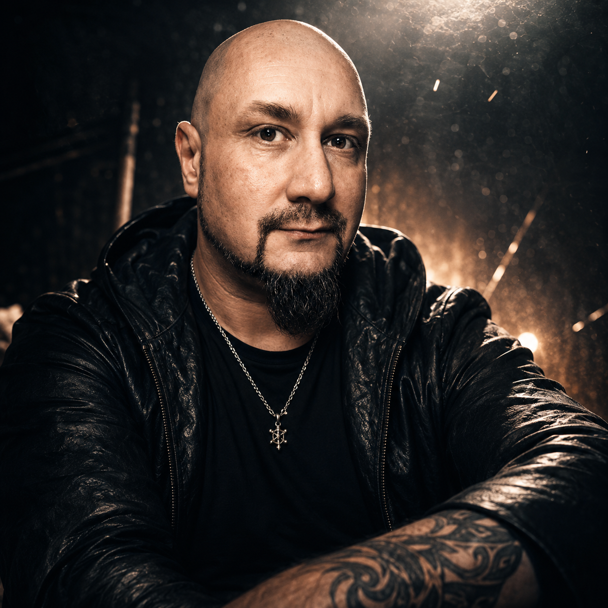 A bald man with a goatee tattoos on his arm, wearing a black leather jacket and a silver chain with a cross, looking directly at the camera, with a dark and hazy background illuminated by warm lighting.