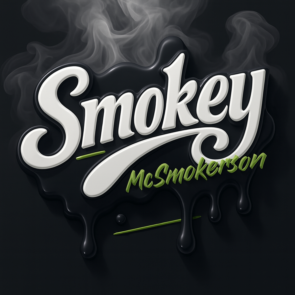 A logo with the word 'Smokey' in large, white, cursive letters and 'McSmokerSon' in smaller green script below, with smoke and black dripping effects in the background.