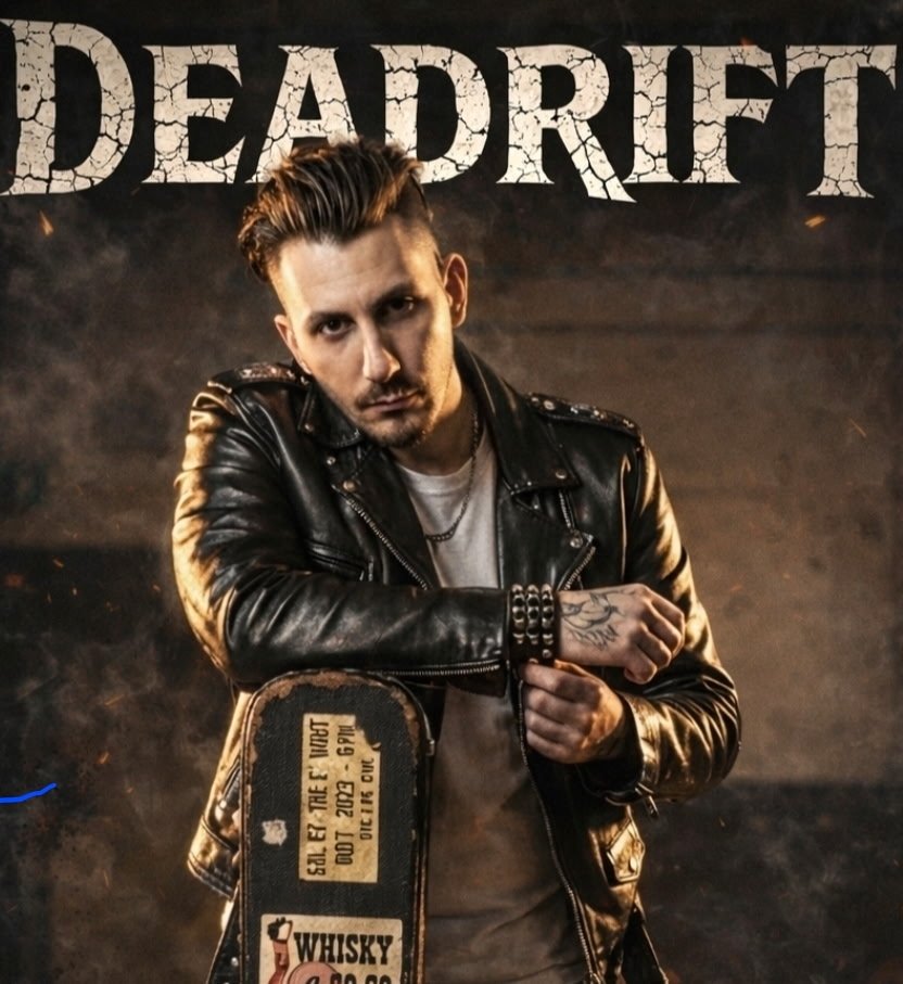 A man with styled hair and tattoos on his hand wearing a leather jacket and white shirt, posing with his arm on a motorcycle with a sign that reads 'sold the f*** out July 20th, 2017, 8 PM, Clik Ckink.' The background shows the word 'DEADDRIFT' in cracked white text.