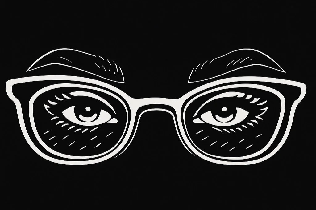 Black background with a graphic illustration of eyeglasses and eyes, drawn in white lines.