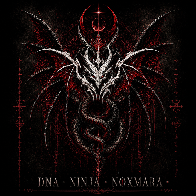 A dark, intricate illustration of a demon-like creature with a skull face, wings, and a coiled snake body, surrounded by geometric and mystical symbols, with red accents and a celestial background.