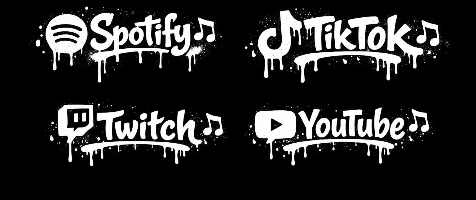 Graffiti-style white logos of Spotify, TikTok, Twitch, and YouTube on a black background, each with dripping paint effects and musical notes.