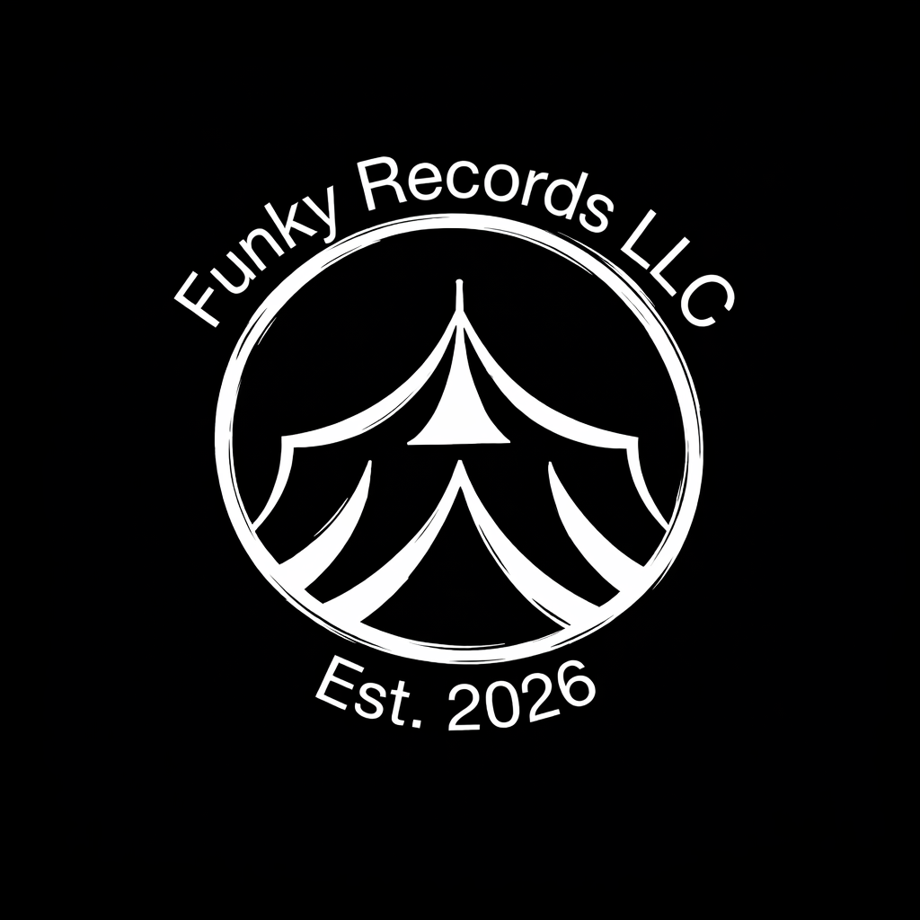Black circular logo with white outline of a circus tent, the text 'Funky Records LLC' arching above the tent, and 'Est. 2026' below.