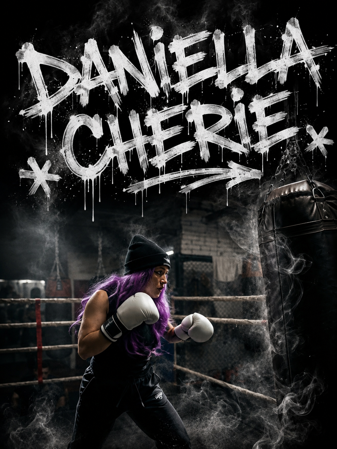 A female boxer with purple hair training in a dimly lit boxing gym, wearing boxing gloves and punching a heavy bag, with graffiti-style text reading 'Daniella Cherie' above her.