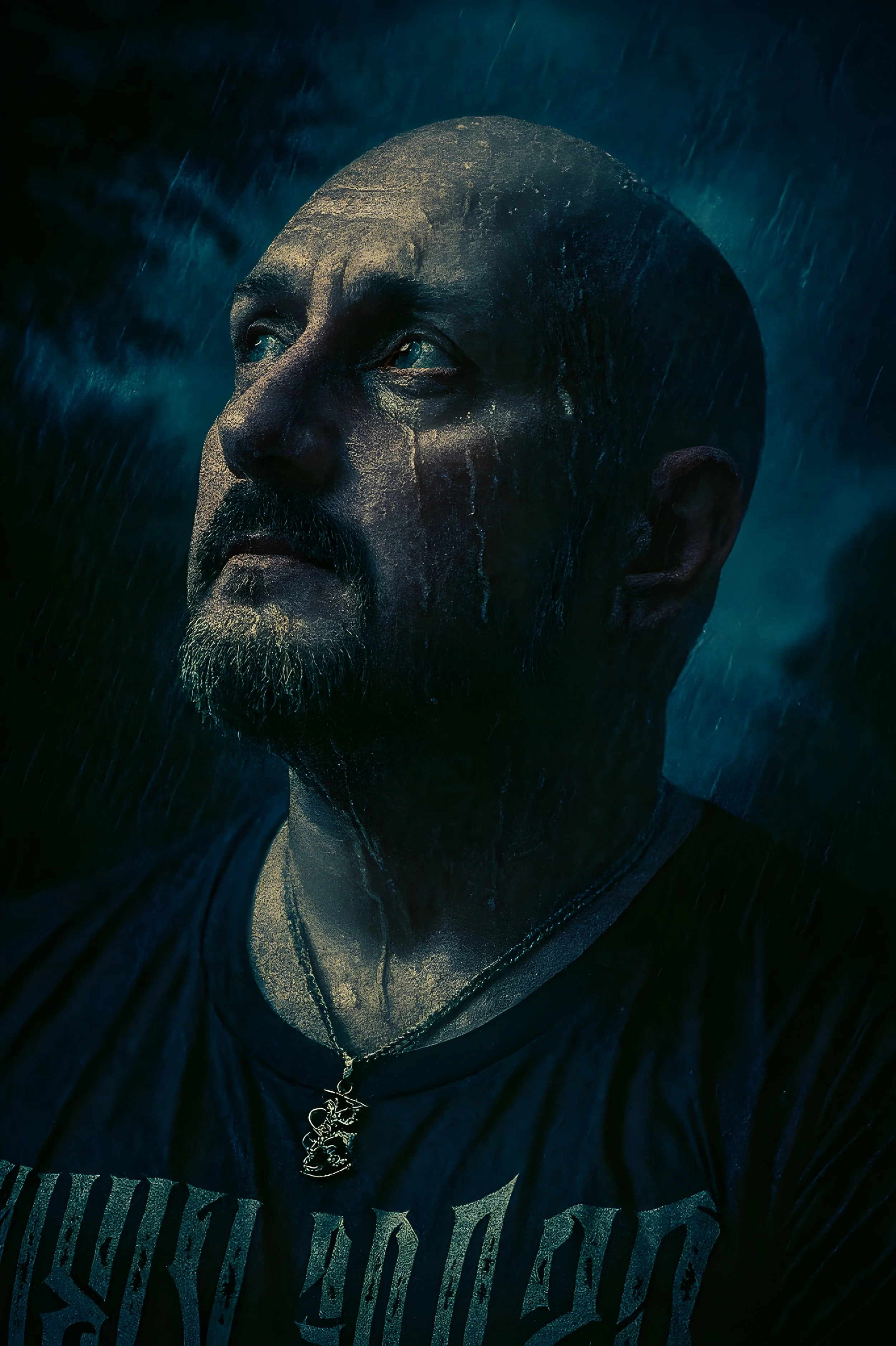 A close-up of a shirtless man with a beard and a serious expression, wearing a black hoodie with a chain necklace, standing in a rainy dark scene with blue tones.
