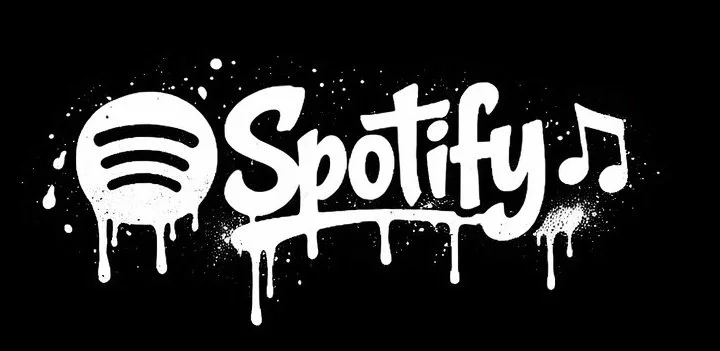 Black background with white graffiti-style Spotify logo and text, including a musical note.